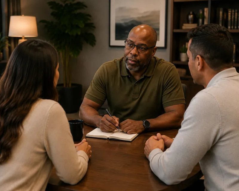 Tariano seated at a table in conversation with a couple.