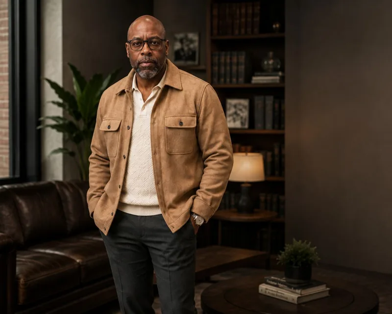 Tariano standing beside a leather sofa in a tan jacket.