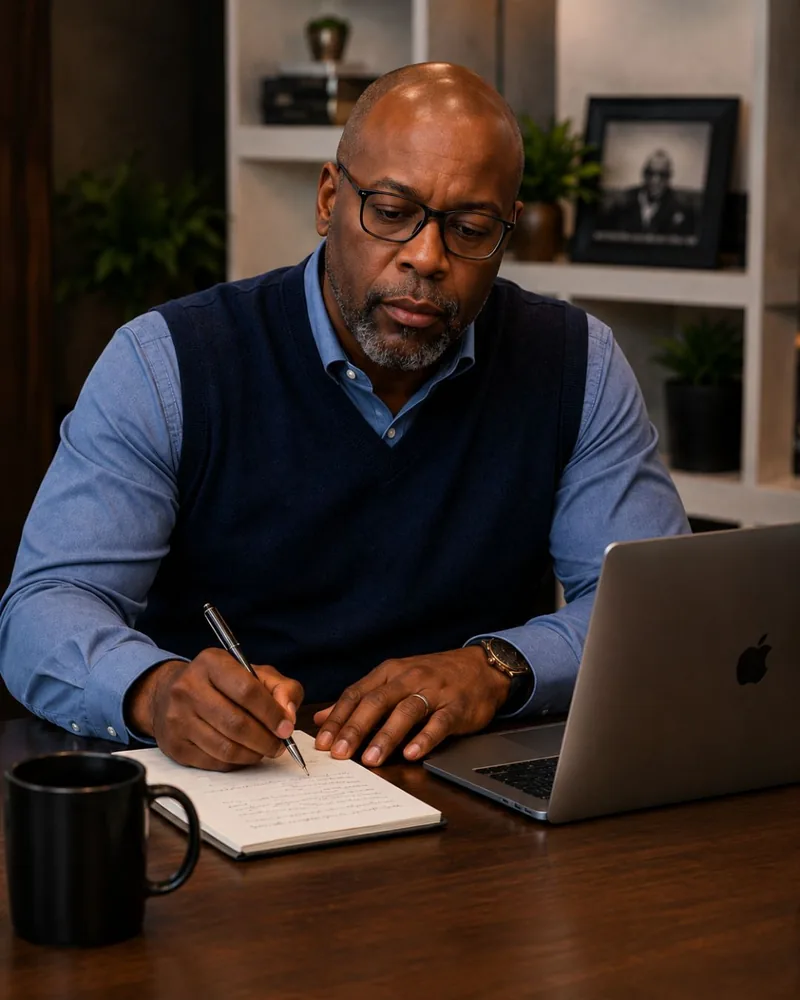 Tariano writing in a notebook at his desk.