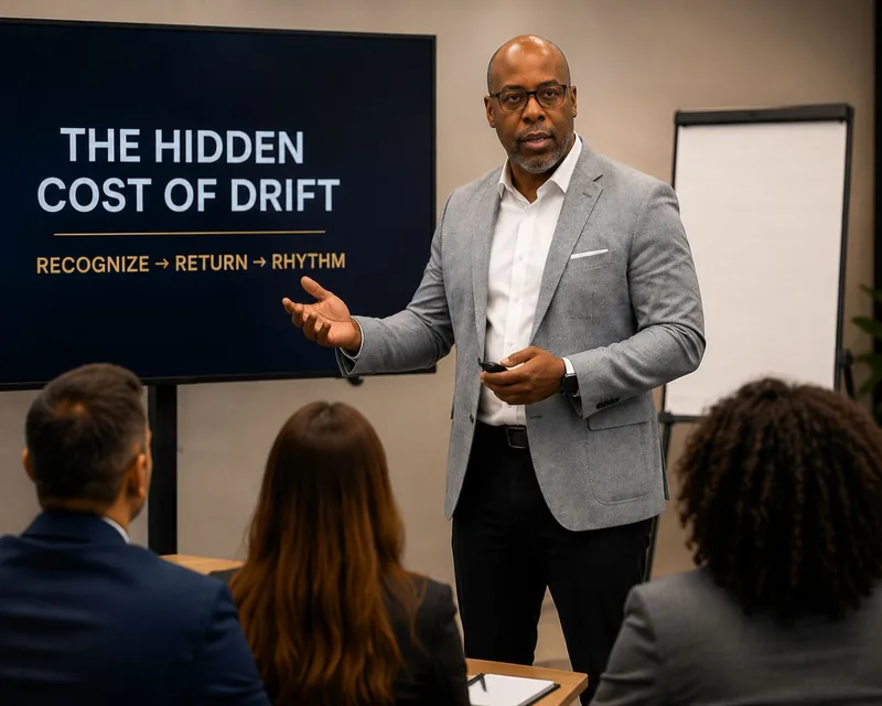 Concept visual of Tariano presenting The Hidden Cost of Drift to a small group.